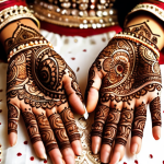 ** Intricate henna design on a bride's hands, focusing on detail and cultural richness, emphasizing Pakistani wedding attire.

**