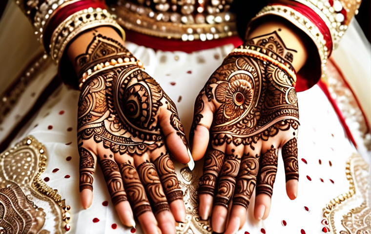 ** Intricate henna design on a bride's hands, focusing on detail and cultural richness, emphasizing Pakistani wedding attire.
**